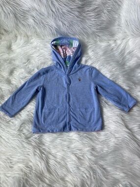 Ralph Lauren reversibleLight Blue Hooded Snap-Front Cardigan with Striped Lining